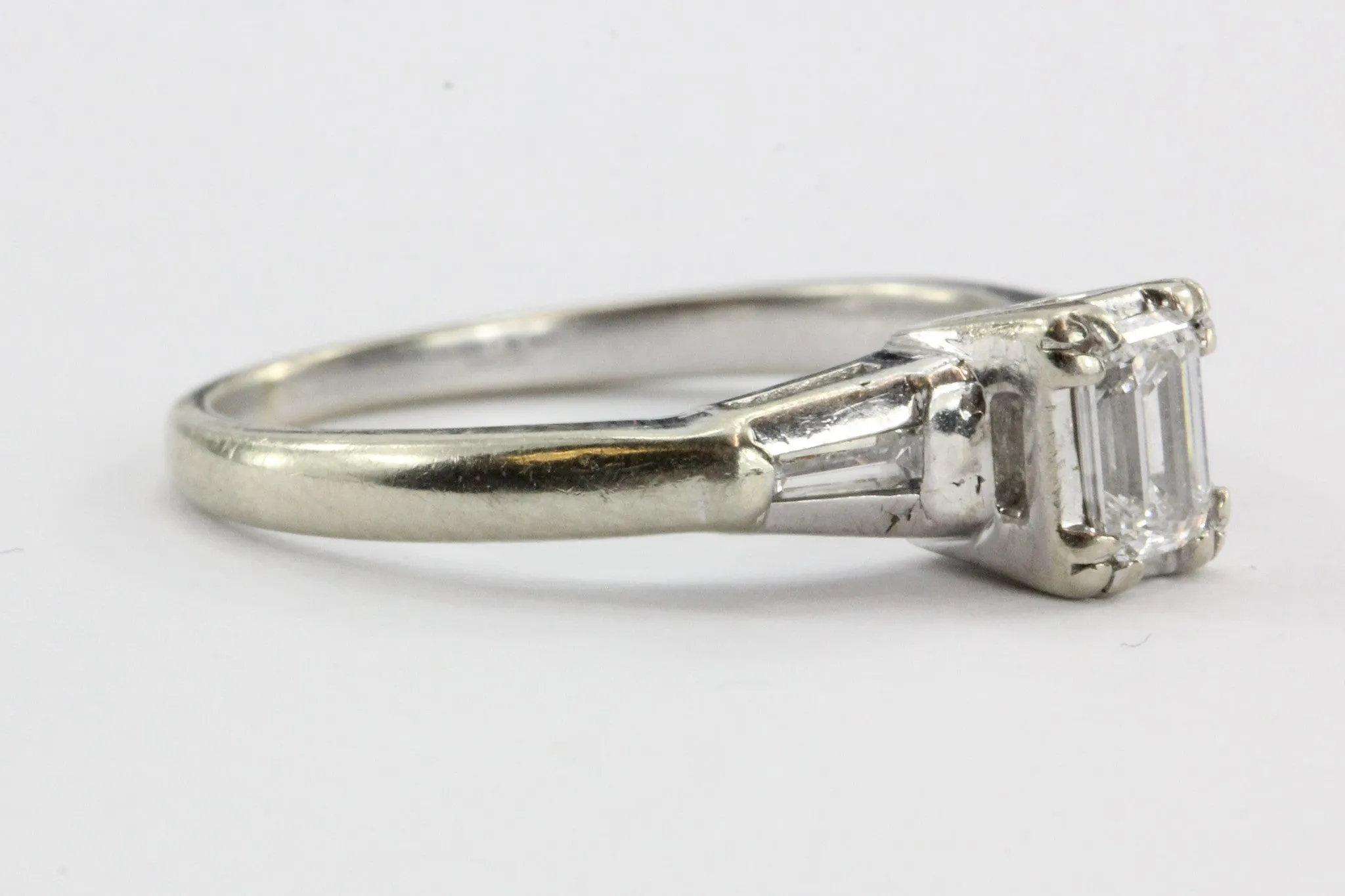 Antique Art Deco 14K White Gold Emerald Cut Diamond Engagement Ring