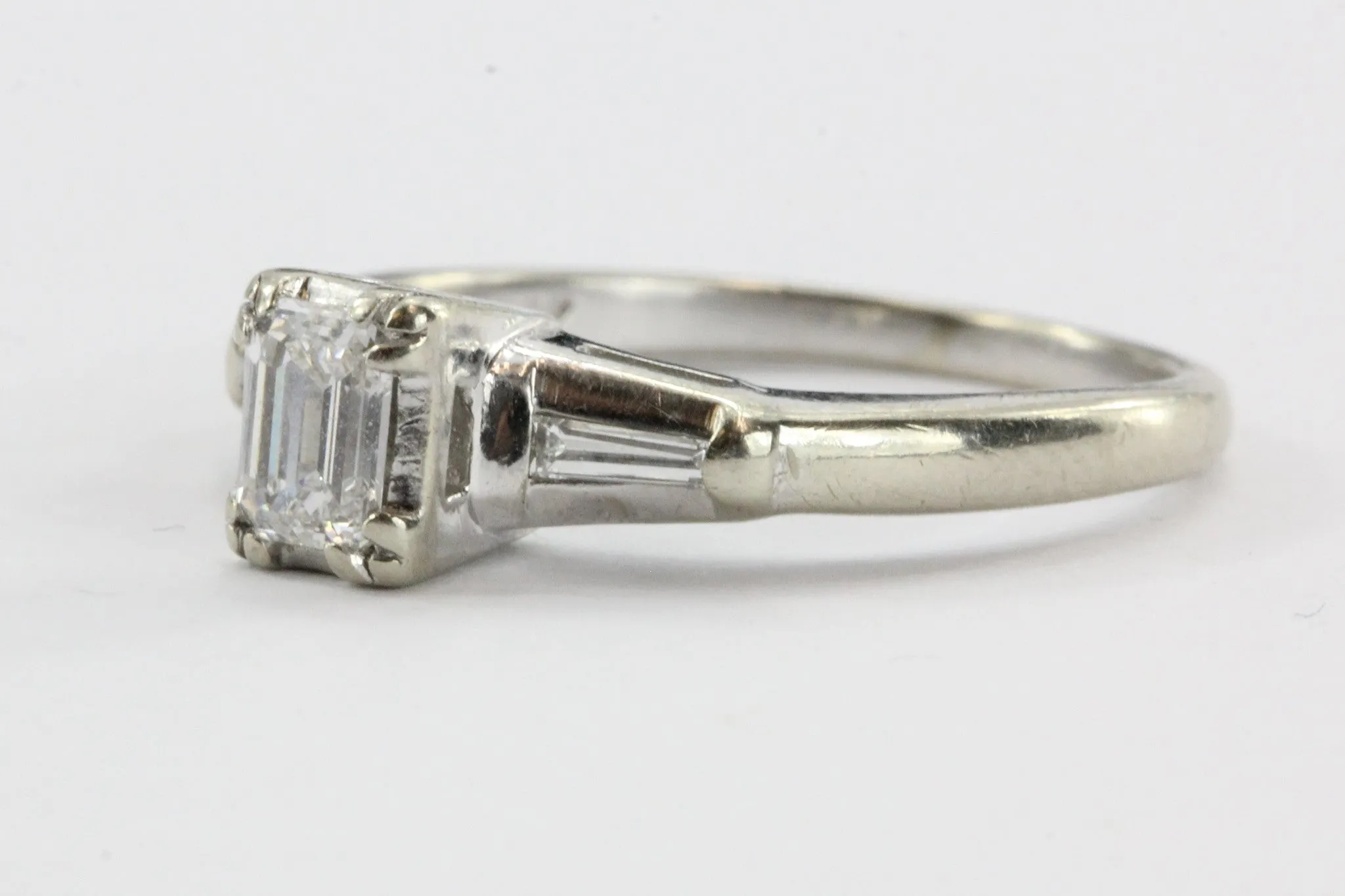 Antique Art Deco 14K White Gold Emerald Cut Diamond Engagement Ring