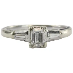 Antique Art Deco 14K White Gold Emerald Cut Diamond Engagement Ring