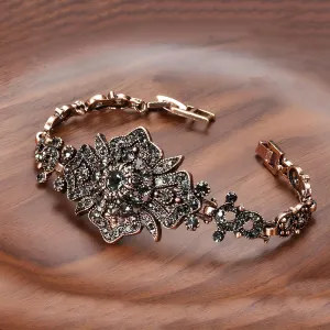 Antique Gold Color Gray Crystal Boho Link Bracelet – Vintage Ethnic Jewelry