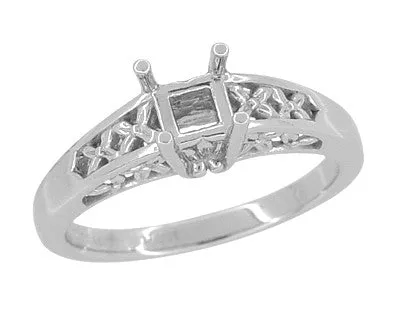 Antique Style Art Nouveau Filigree Engagement Ring Setting for a 1 Carat Princess, Radiant, Asscher or Cushion Cut Diamond in 14K or 18K White Gold