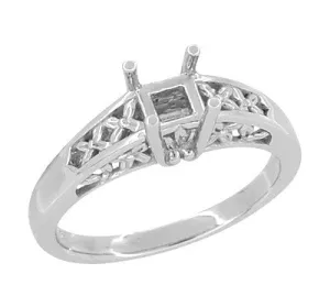 Antique Style Art Nouveau Filigree Engagement Ring Setting for a 1 Carat Princess, Radiant, Asscher or Cushion Cut Diamond in 14K or 18K White Gold