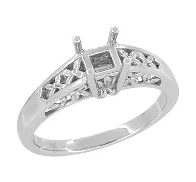 Antique Style Art Nouveau Filigree Engagement Ring Setting for a 1 Carat Princess, Radiant, Asscher or Cushion Cut Diamond in 14K or 18K White Gold