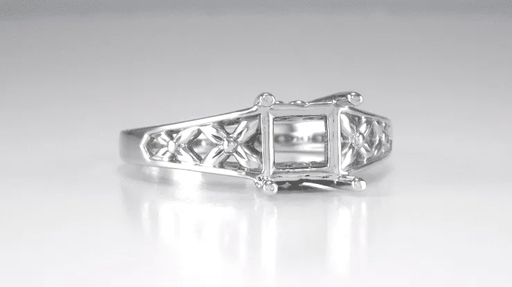 Antique Style Art Nouveau Filigree Engagement Ring Setting for a 1 Carat Princess, Radiant, Asscher or Cushion Cut Diamond in 14K or 18K White Gold