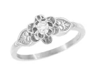 Antique Style Carved Floral Victorian Diamond Promise Ring in White Gold - 10K or 14K