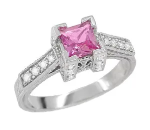 Art Deco 3/4 Carat Princess Cut Pink Sapphire and Diamond Platinum Engagement Ring - September Birthstone