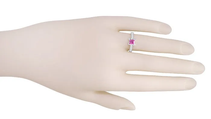 Art Deco 3/4 Carat Princess Cut Pink Sapphire and Diamond Platinum Engagement Ring - September Birthstone