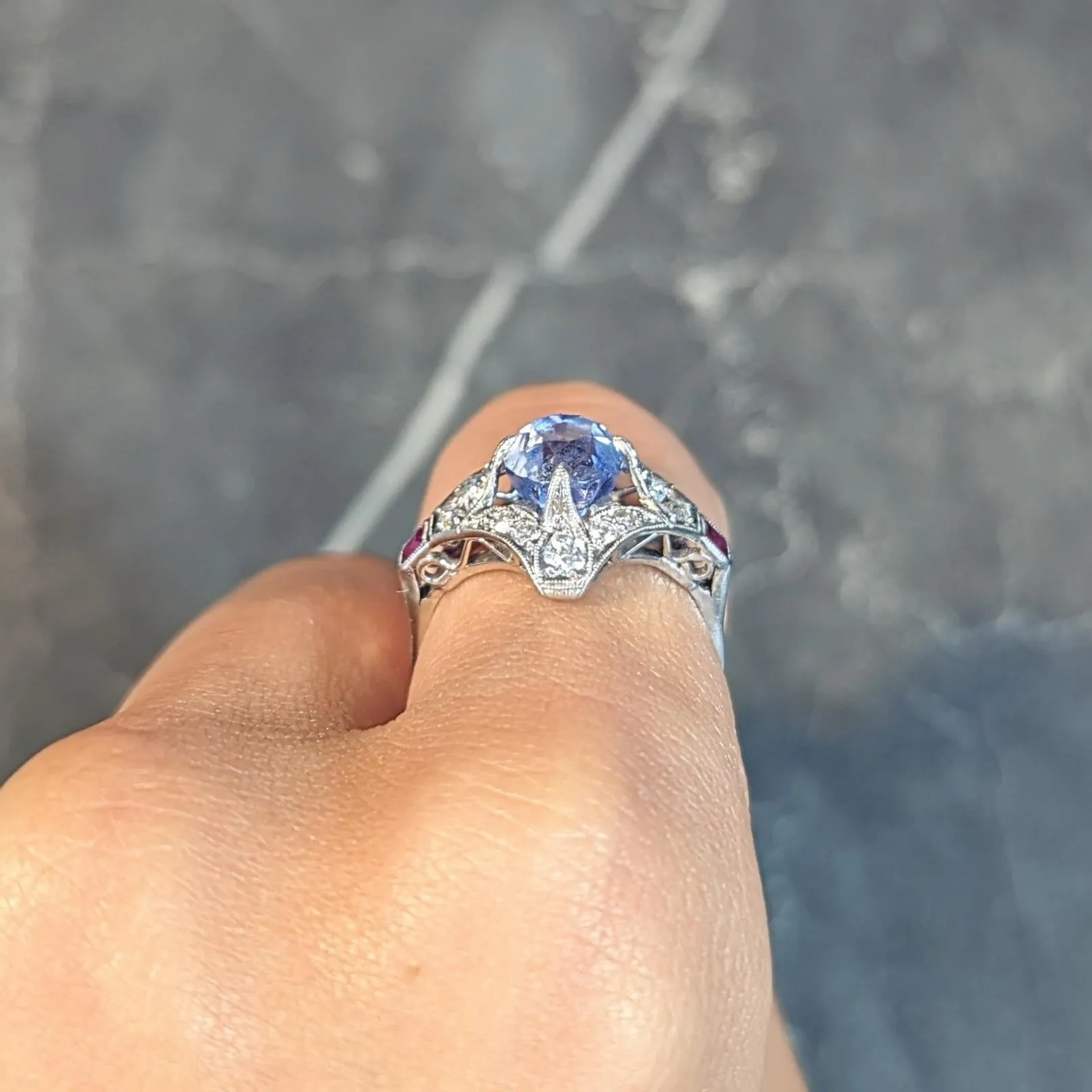 Art Deco 7.92 CTW No Heat Ceylon Sapphire Diamond Ruby Platinum Quatrefoil Vintage Ring GIA