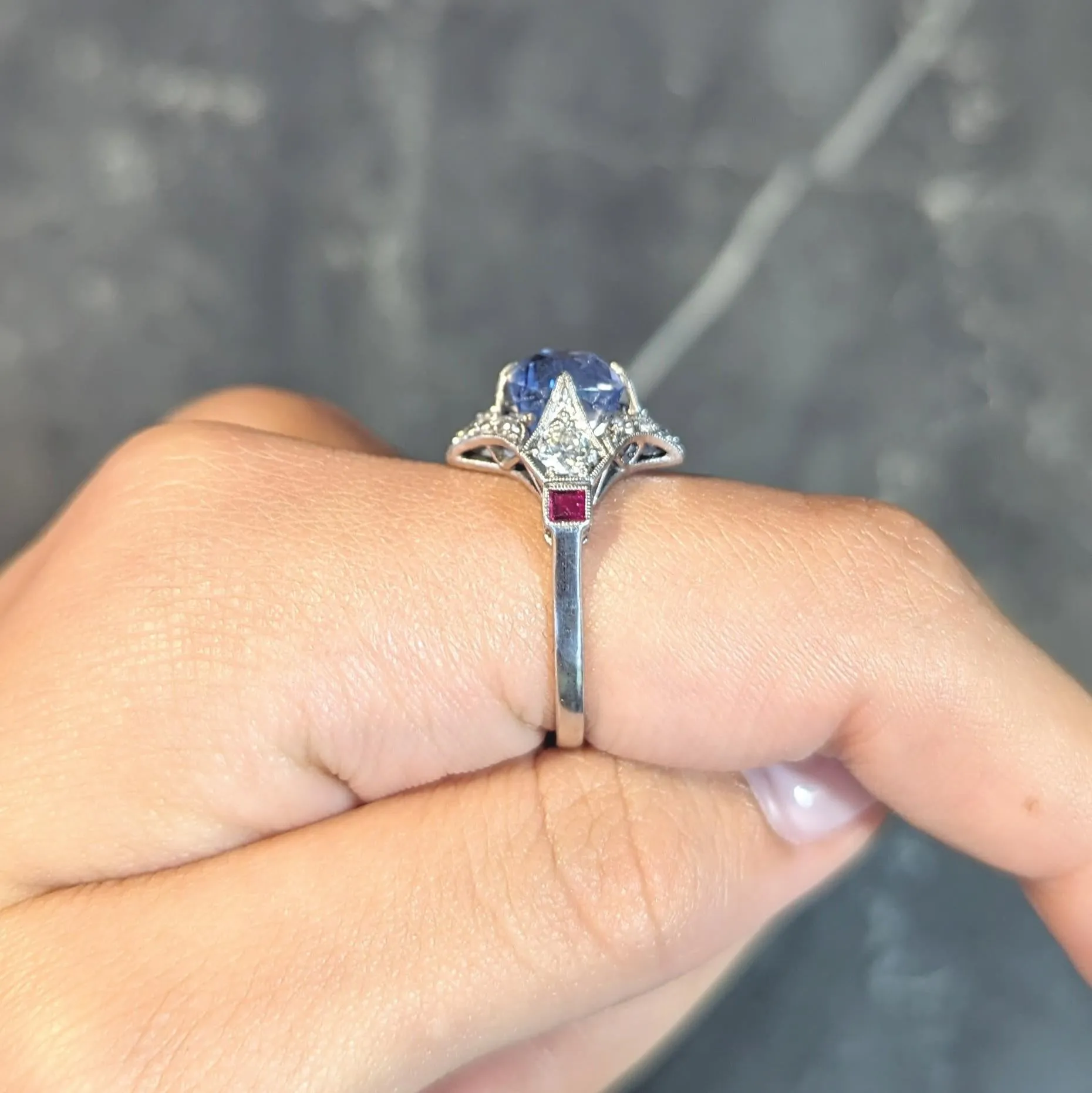 Art Deco 7.92 CTW No Heat Ceylon Sapphire Diamond Ruby Platinum Quatrefoil Vintage Ring GIA