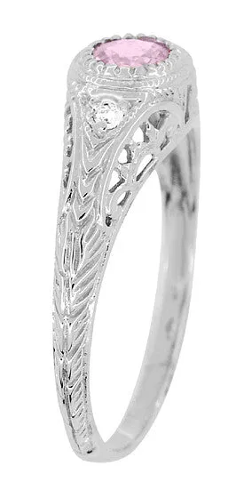 Art Deco Engraved Light Pink Sapphire and Diamond Filigree Engagement Ring in Platinum