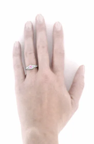 Art Deco Engraved Light Pink Sapphire and Diamond Filigree Engagement Ring in Platinum