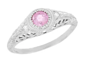 Art Deco Engraved Light Pink Sapphire and Diamond Filigree Engagement Ring in Platinum