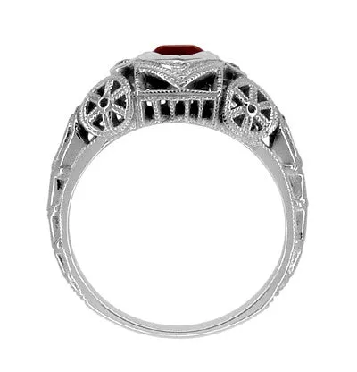 Art Deco Filigree Heart Shaped Almandine Garnet Promise Ring in Sterling Silver