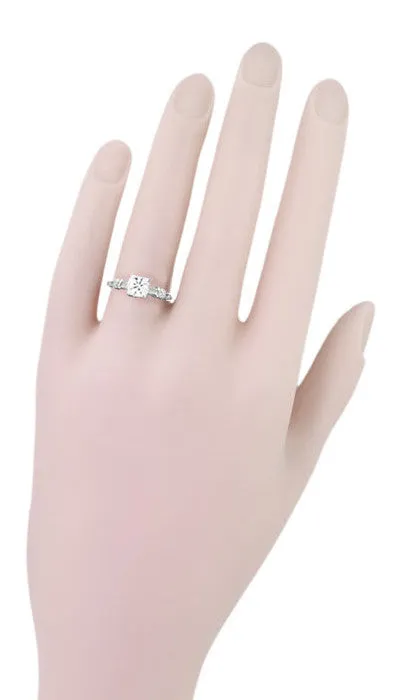 Art Deco Hearts and Clovers 1/2 Carat Diamond Solitaire Engagement Ring in 14K White Gold
