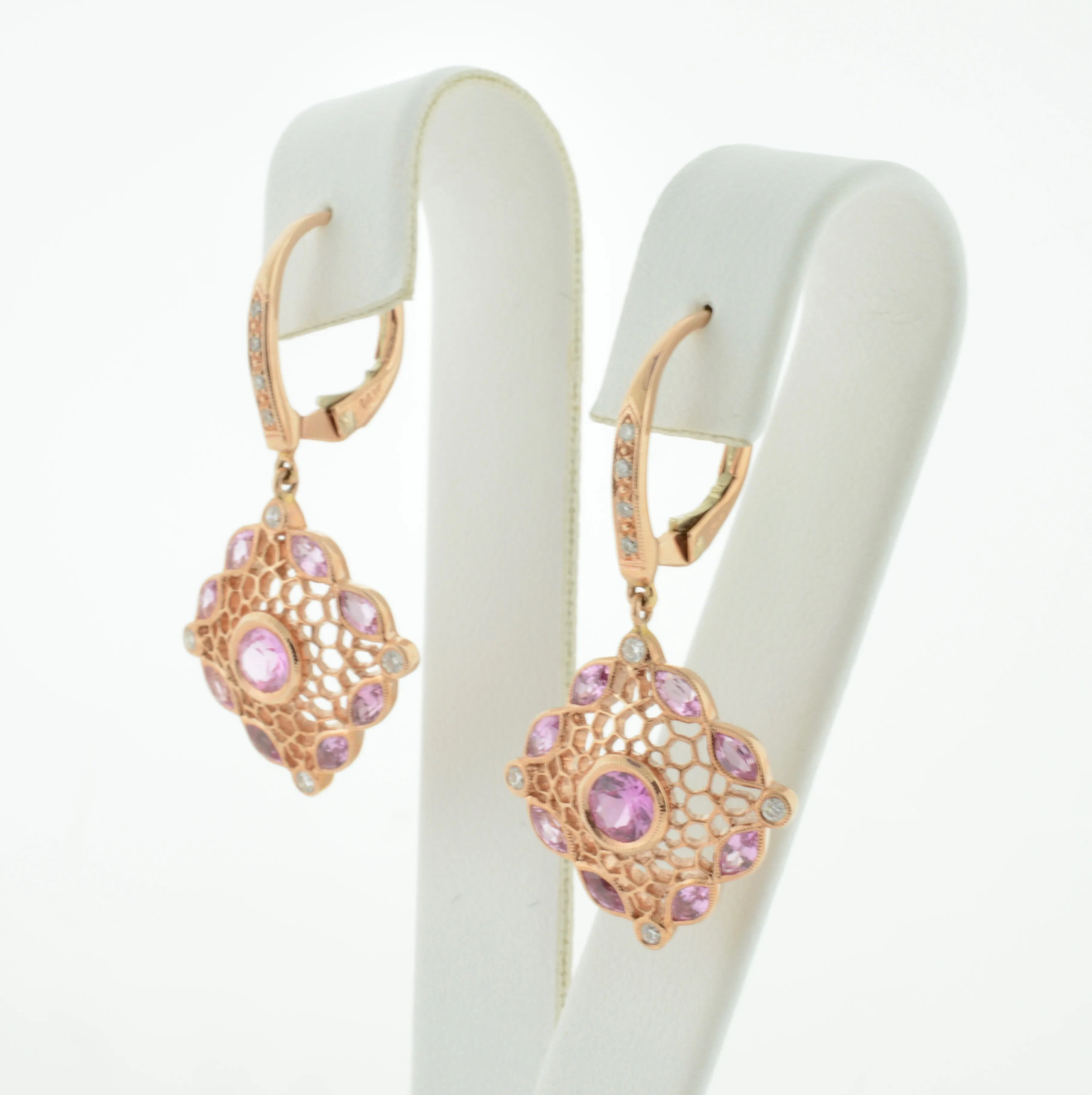 Art Deco Pink Sapphire and Diamond Rose Gold Earrings