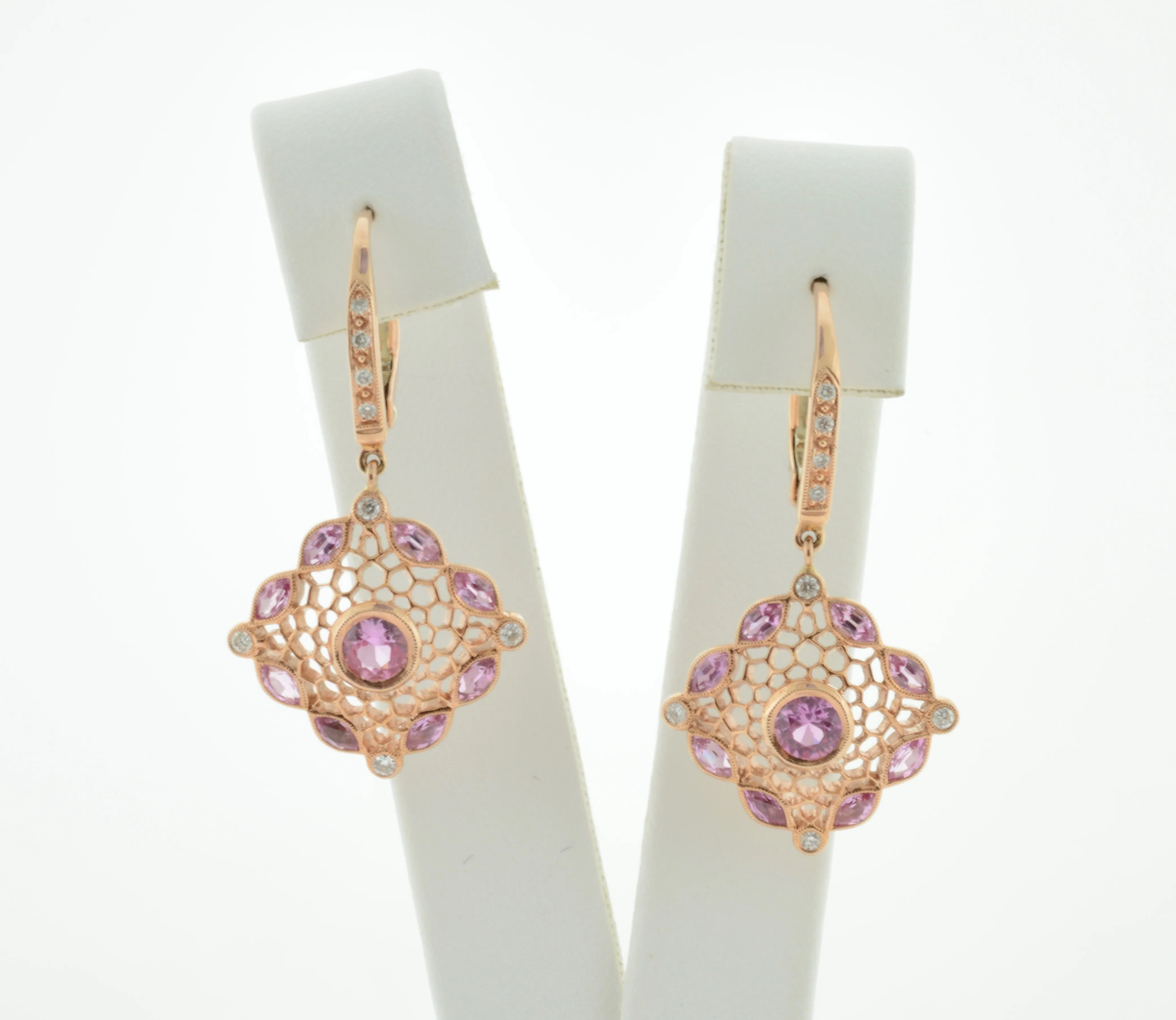 Art Deco Pink Sapphire and Diamond Rose Gold Earrings
