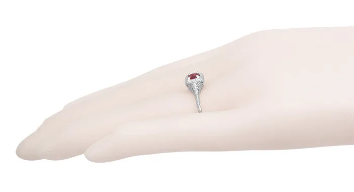Art Deco Pyrope Garnet Filigree Scrolls Engraved Ring in 14 Karat White Gold