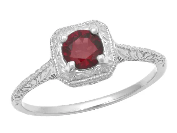 Art Deco Pyrope Garnet Filigree Scrolls Engraved Ring in 14 Karat White Gold