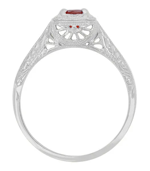 Art Deco Pyrope Garnet Filigree Scrolls Engraved Ring in 14 Karat White Gold