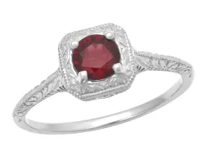 Art Deco Pyrope Garnet Filigree Scrolls Engraved Ring in 14 Karat White Gold