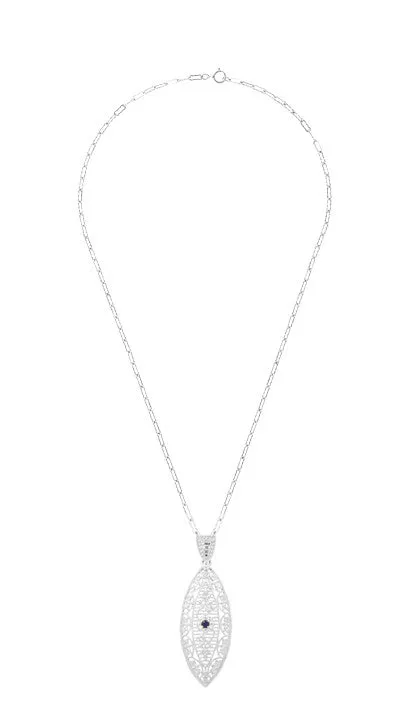 Art Deco Sterling Silver Blue Sapphire Filigree Leaf Necklace