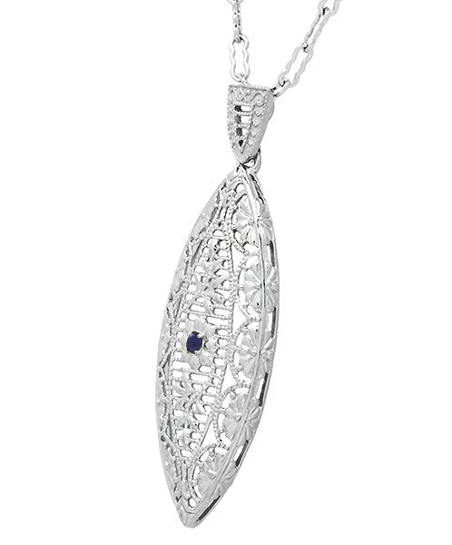 Art Deco Sterling Silver Blue Sapphire Filigree Leaf Necklace