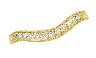 Art Deco Yellow Gold Carved Wheat Curved Hugger Diamond Wedding Band
