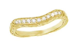 Art Deco Yellow Gold Carved Wheat Curved Hugger Diamond Wedding Band