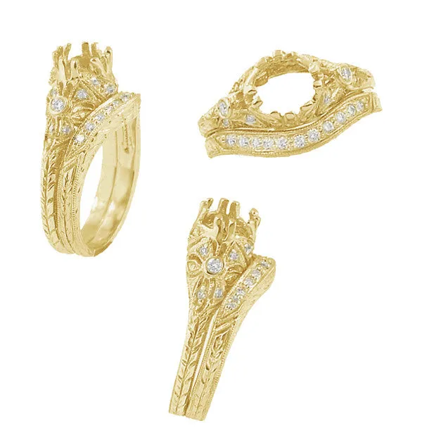 Art Deco Yellow Gold Carved Wheat Curved Hugger Diamond Wedding Band