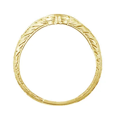 Art Deco Yellow Gold Carved Wheat Curved Hugger Diamond Wedding Band