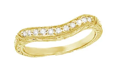 Art Deco Yellow Gold Carved Wheat Curved Hugger Diamond Wedding Band