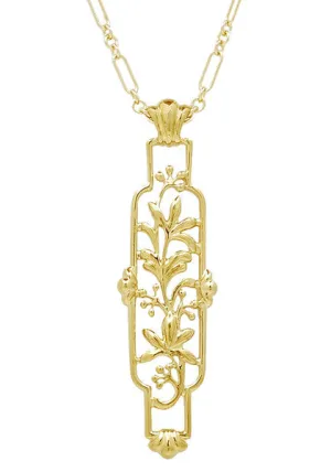 Art Nouveau Cartouche Filigree Lilies Pendant Necklace in Yellow Gold Vermeil over Sterling Silver