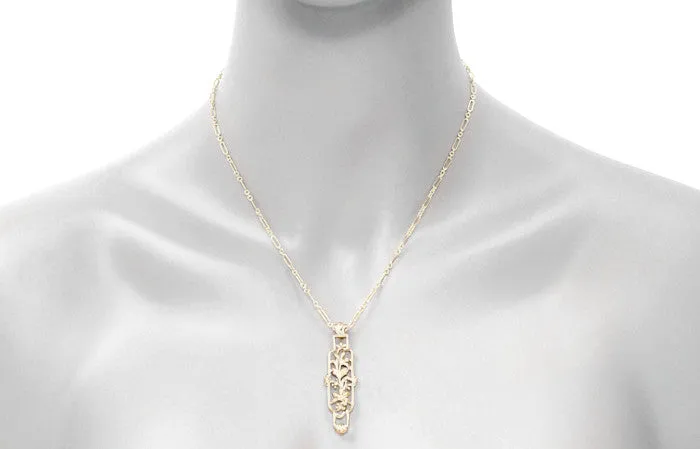 Art Nouveau Cartouche Filigree Lilies Pendant Necklace in Yellow Gold Vermeil over Sterling Silver