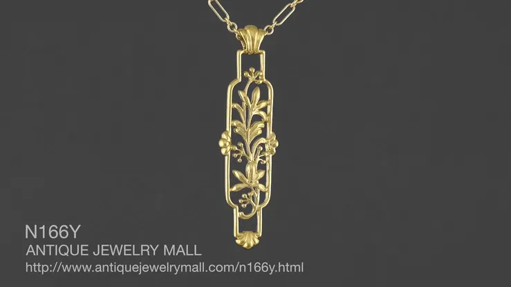 Art Nouveau Cartouche Filigree Lilies Pendant Necklace in Yellow Gold Vermeil over Sterling Silver