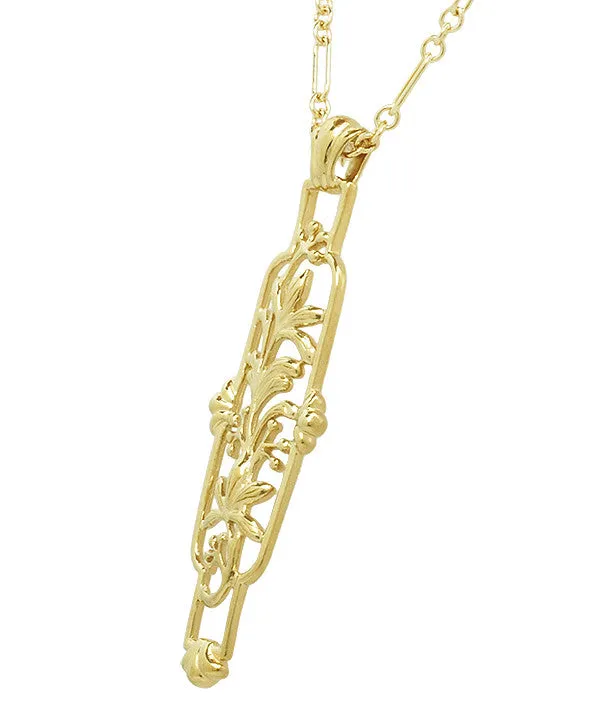 Art Nouveau Cartouche Filigree Lilies Pendant Necklace in Yellow Gold Vermeil over Sterling Silver