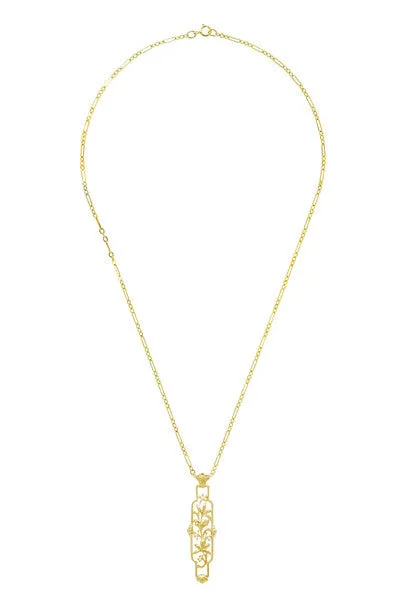 Art Nouveau Cartouche Filigree Lilies Pendant Necklace in Yellow Gold Vermeil over Sterling Silver