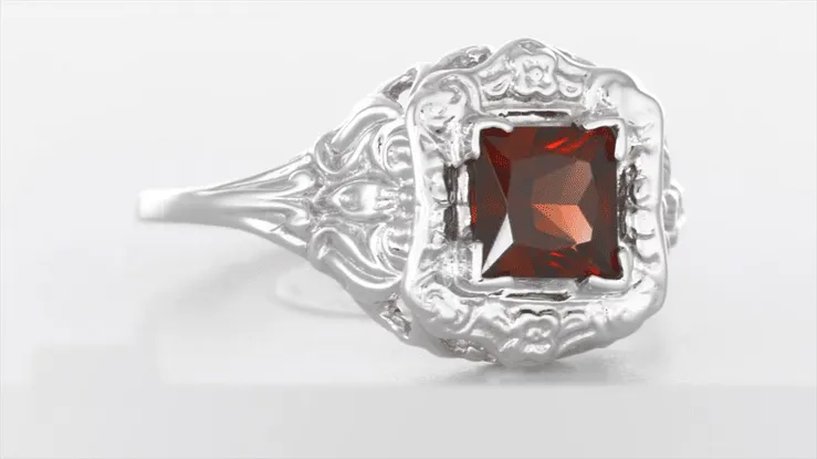Art Nouveau Square Garnet Ring in 14K White Gold - 1910 Vintage Design