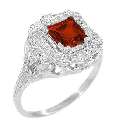 Art Nouveau Square Garnet Ring in 14K White Gold - 1910 Vintage Design