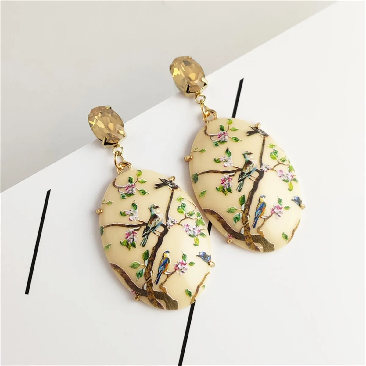 Beige Crystal & Resin 18K Gold-Plated Bird Branch Oval Drop Earrings