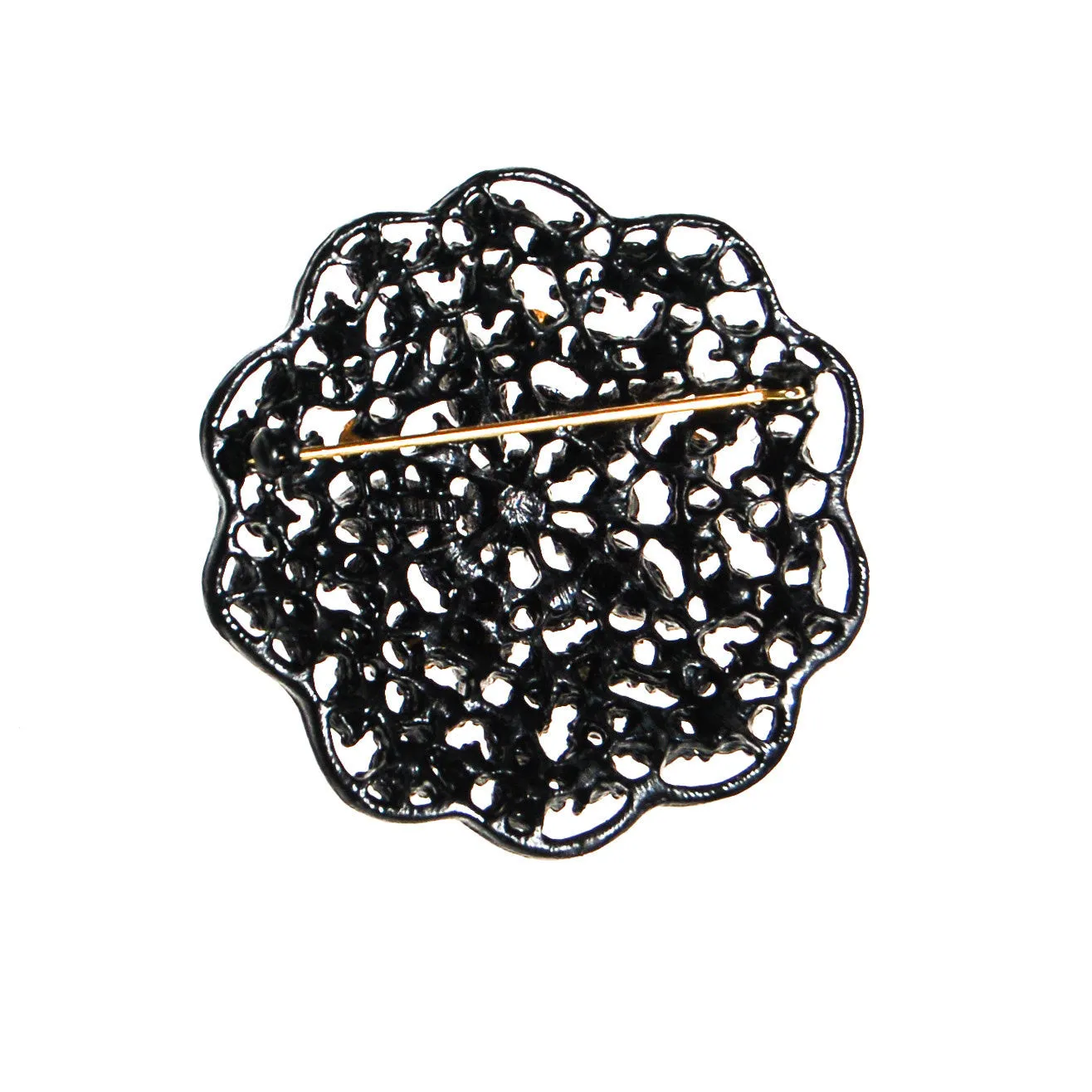 Black Rhinestone Medallion Brooch by MJ Lent