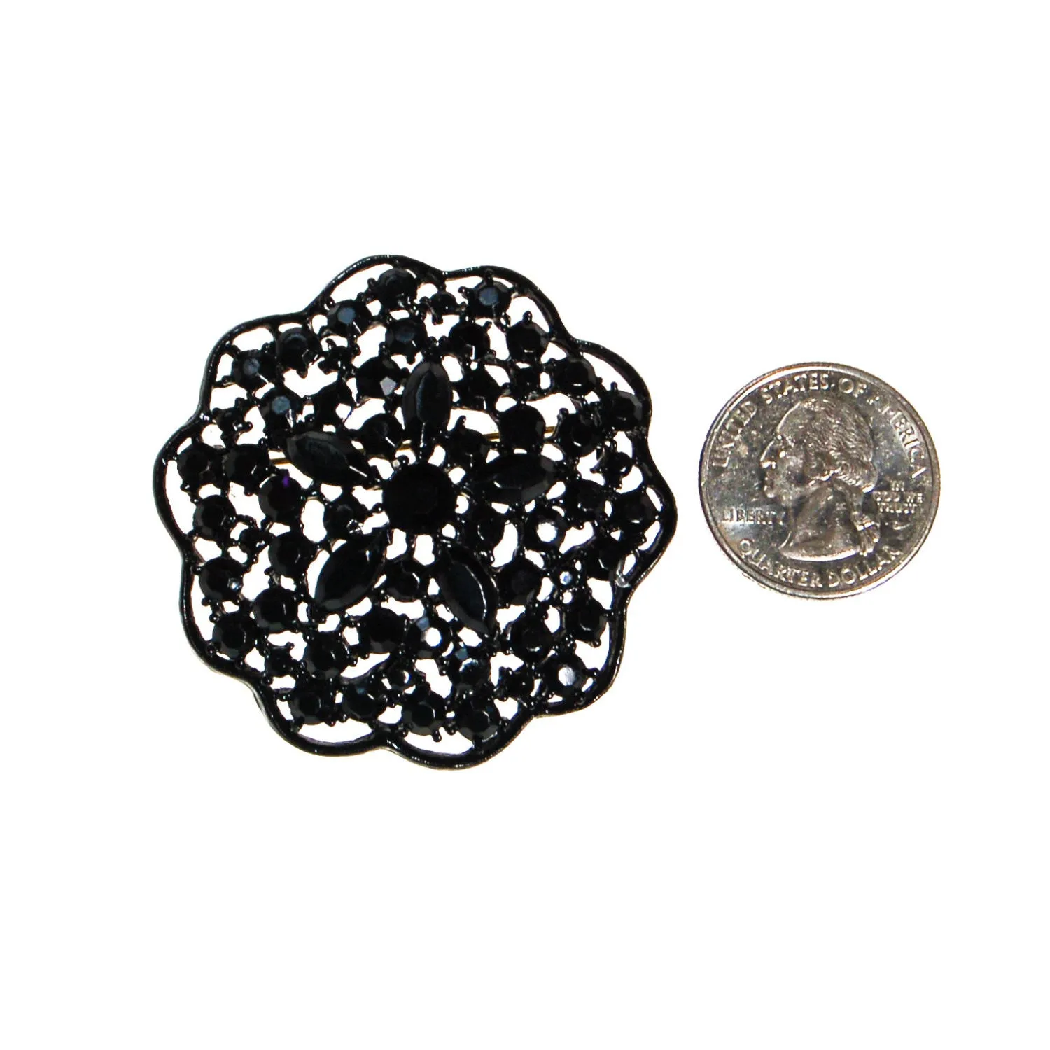 Black Rhinestone Medallion Brooch by MJ Lent