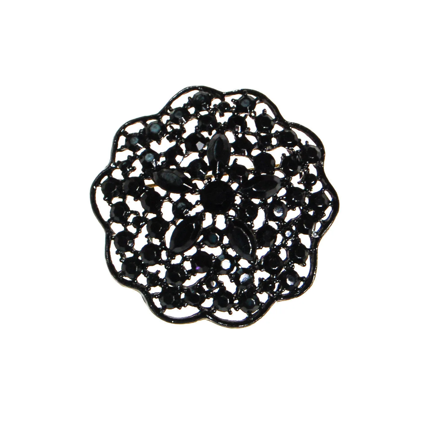 Black Rhinestone Medallion Brooch by MJ Lent