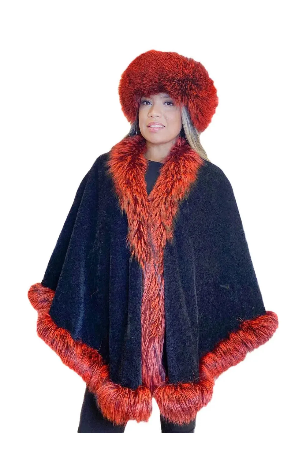 Black Wool Cape with Dyed Red Fox trim and Matching hat