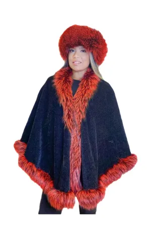 Black Wool Cape with Dyed Red Fox trim and Matching hat