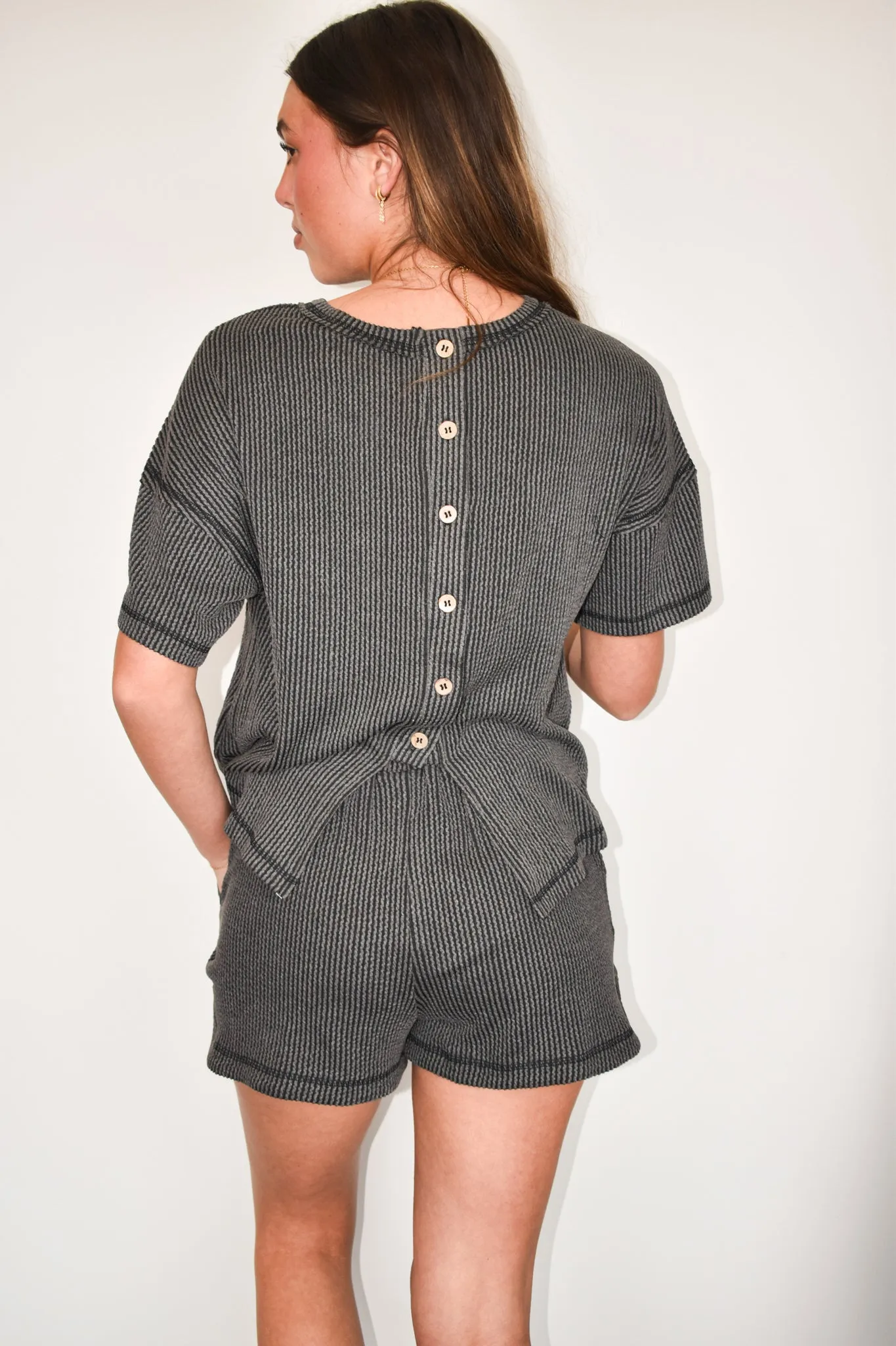 Button Detail Ribbed Knit Set- Black