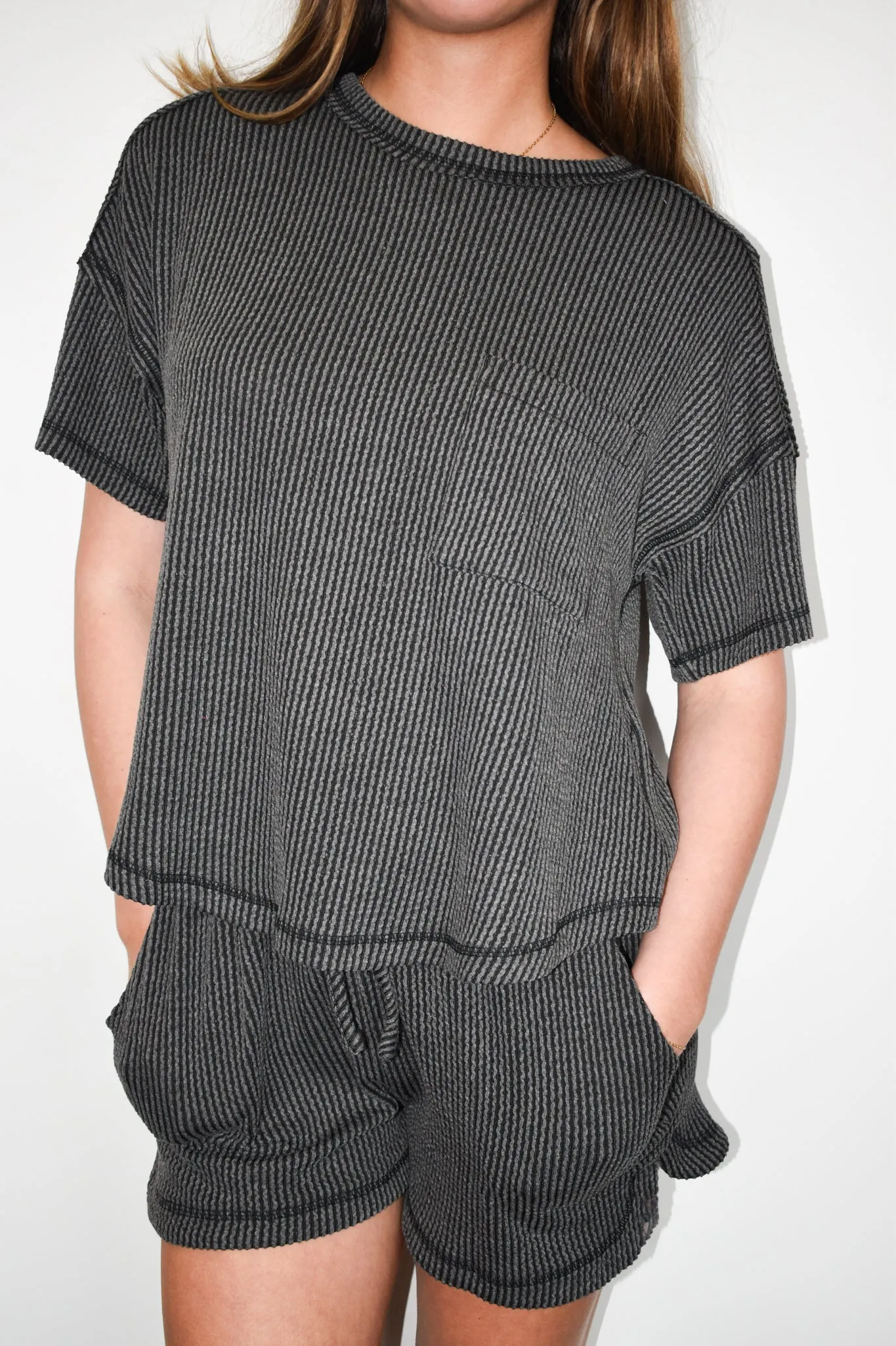 Button Detail Ribbed Knit Set- Black
