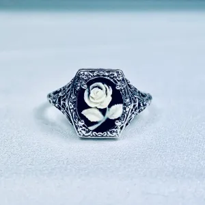 Cameo Ring, Black & White Rose Cameo, Sterling Silver Filigree D417