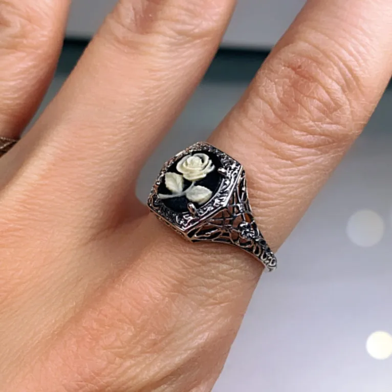 Cameo Ring, Black & White Rose Cameo, Sterling Silver Filigree D417