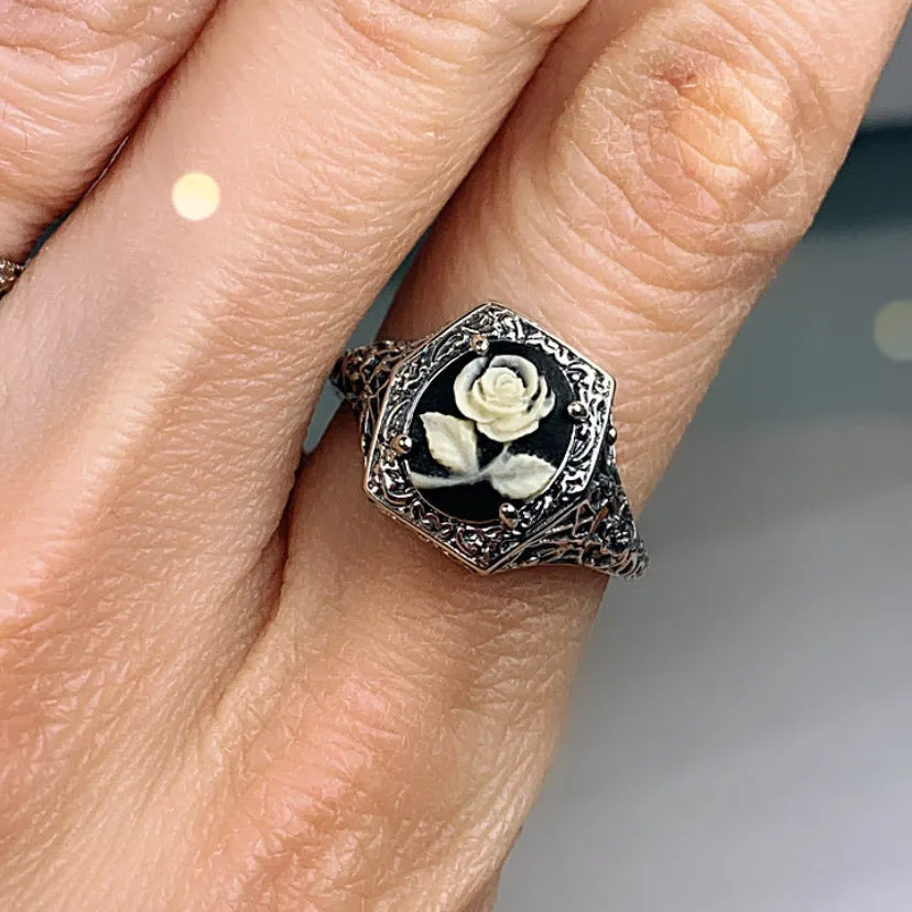 Cameo Ring, Black & White Rose Cameo, Sterling Silver Filigree D417