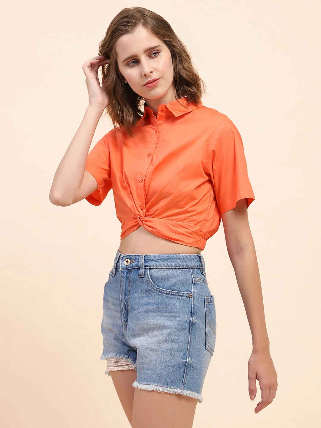 Camla Barcelona Knotted Coral Crop Shirt
